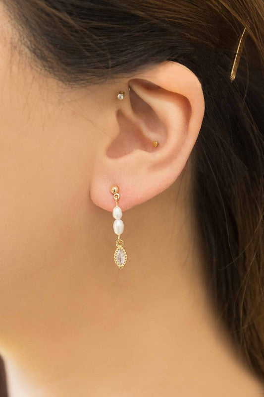 Pearl Dangle Earrings – Elegant & Lightweight with Marquise Stone Accent