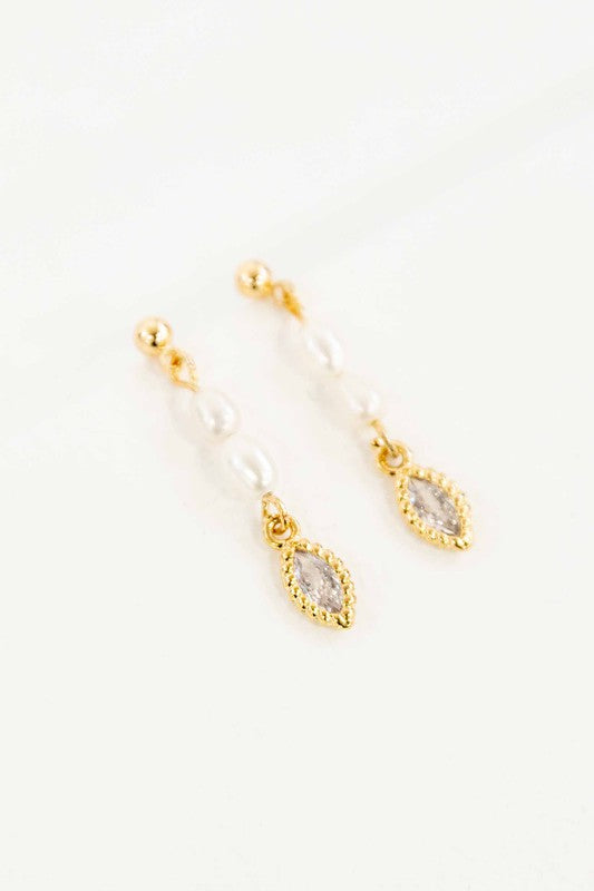 Pearl Dangle Earrings – Elegant & Lightweight with Marquise Stone Accent