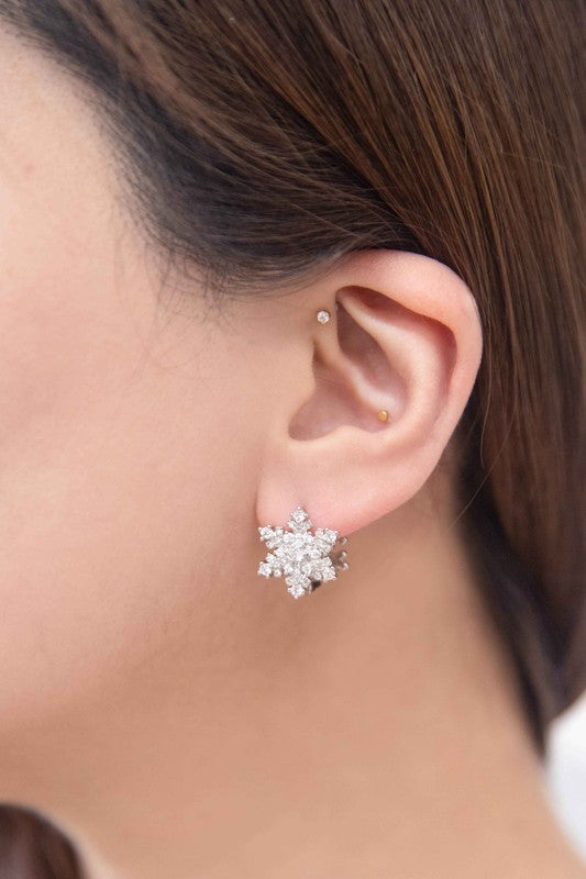 Sparkling Snowflake Silver Hoop Earrings