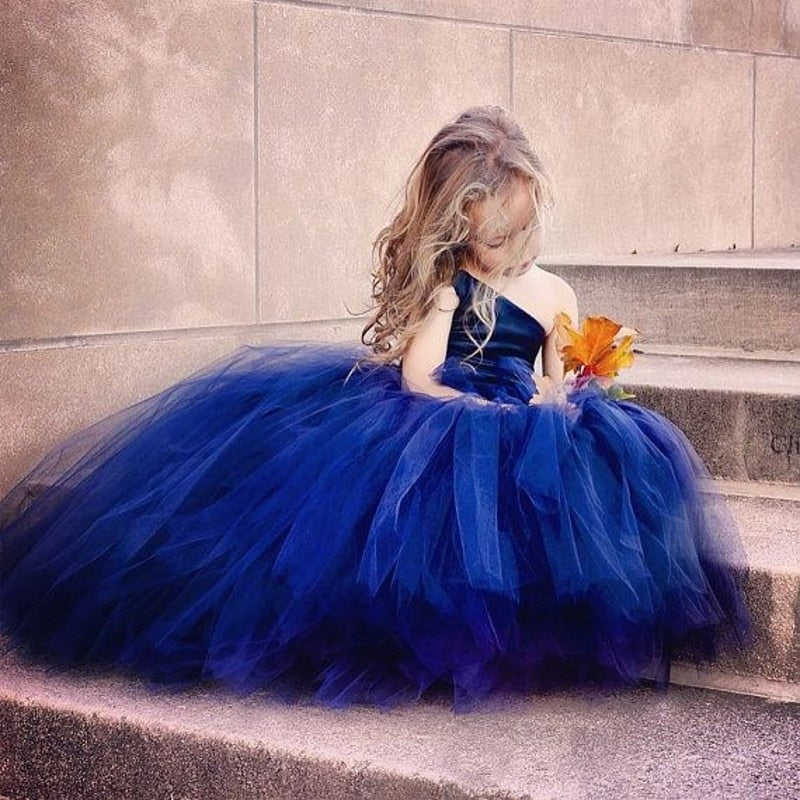 One Shoulder Blue Flower Girl Ball Gown