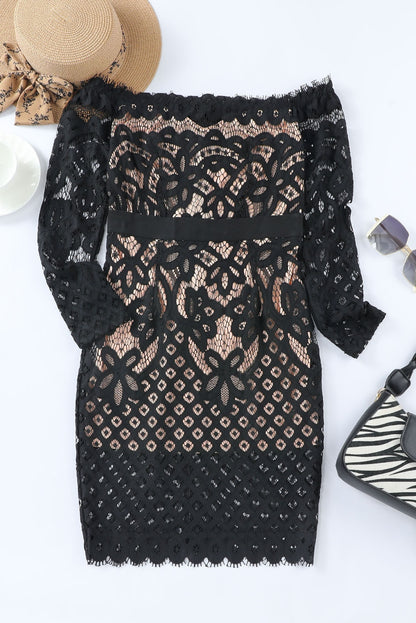 Off-Shoulder Long Sleeve Lace Dress – Elegant & Timeless