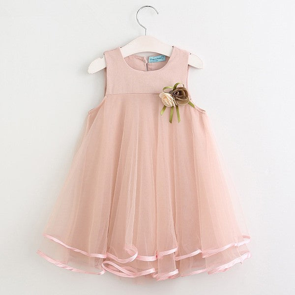 Flower Girl Mesh Dress with Floral Waist Detail – Elegant & Adorable