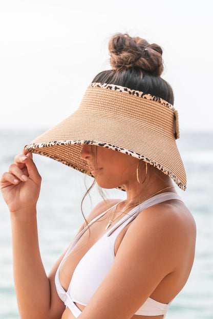 Foldable Beach Hat Visor with Bow & Leopard Print Trim – Perfect for On-the-Go