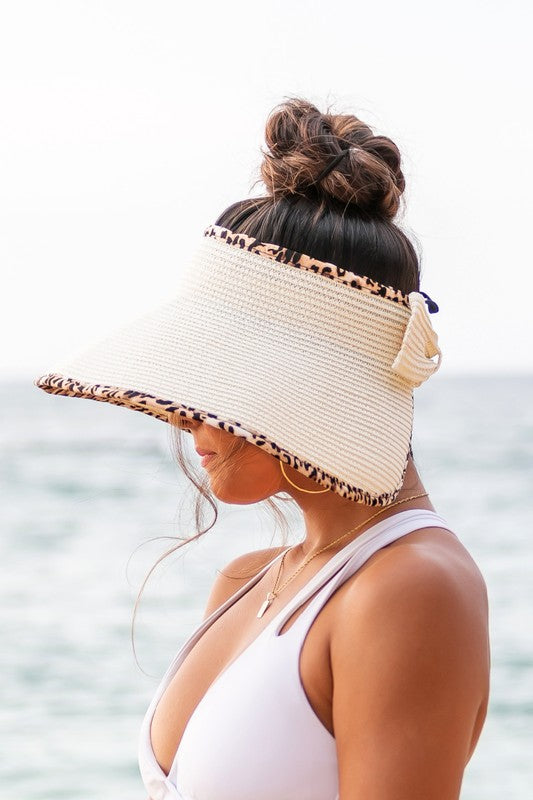 Foldable Beach Hat Visor with Bow & Leopard Print Trim – Perfect for On-the-Go