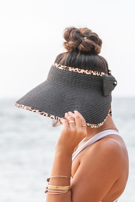 Foldable Beach Hat Visor with Bow & Leopard Print Trim – Perfect for On-the-Go