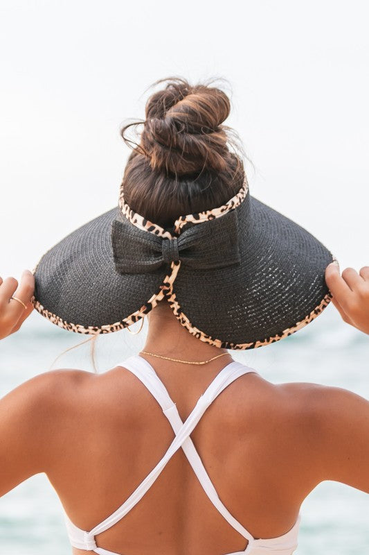 Foldable Beach Hat Visor with Bow & Leopard Print Trim – Perfect for On-the-Go