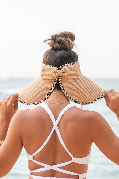 Foldable Beach Hat Visor with Bow & Leopard Print Trim – Perfect for On-the-Go