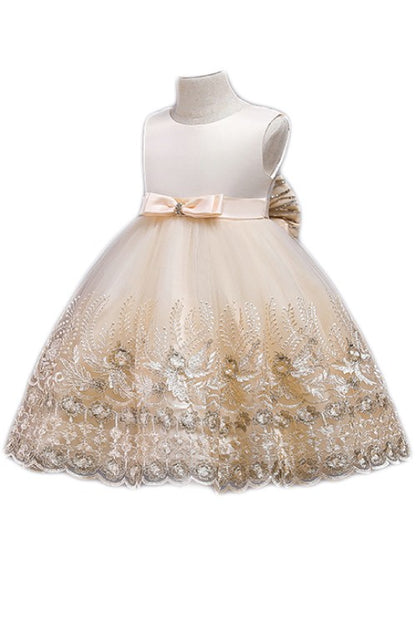 Girls Big Bow Party Dress – Flower Girl Lace Mesh Skirt Dress