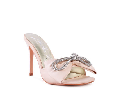 Crystal Bow Satin Heels – Rhinestone Embellished