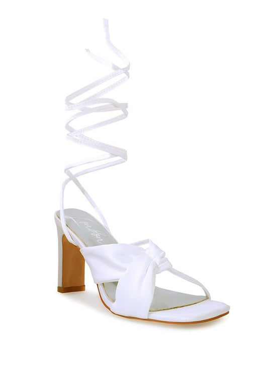 Ruched Satin Lace-Up Sandal – Elegant Thin Block Heel with Square Toe