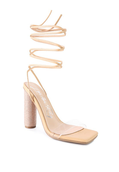 Crystal-Dazzled Lace-Up Block Heel Sandal