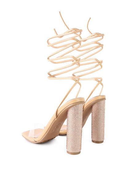 Crystal-Dazzled Lace-Up Block Heel Sandal