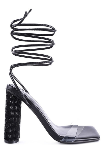 Crystal-Dazzled Lace-Up Block Heel Sandal