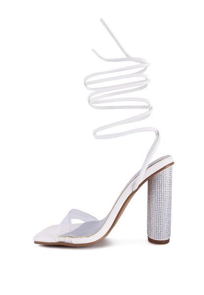 Crystal-Dazzled Lace-Up Block Heel Sandal