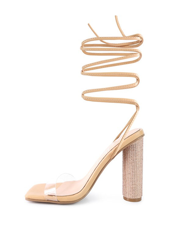 Crystal-Dazzled Lace-Up Block Heel Sandal