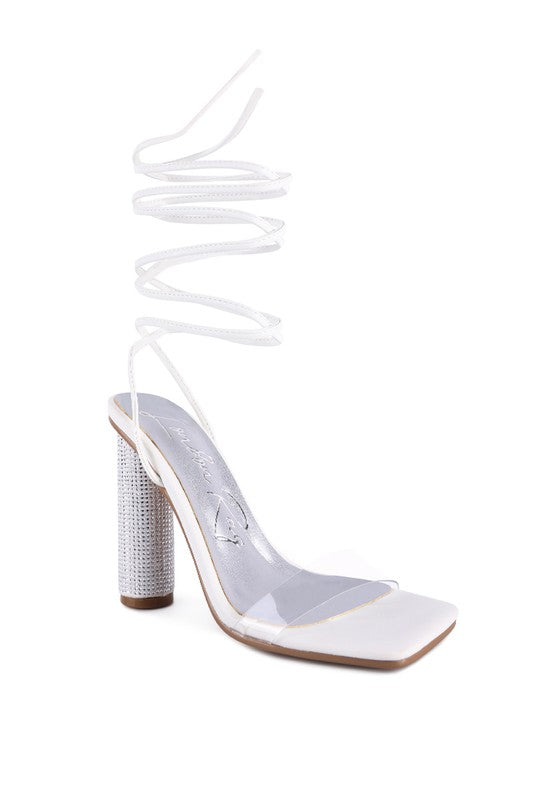 Crystal-Dazzled Lace-Up Block Heel Sandal