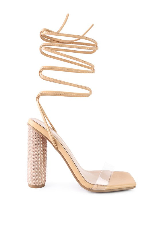 Crystal-Dazzled Lace-Up Block Heel Sandal