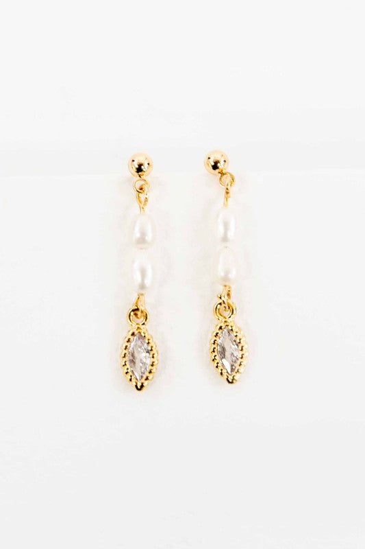 Pearl Dangle Earrings – Elegant & Lightweight with Marquise Stone Accent