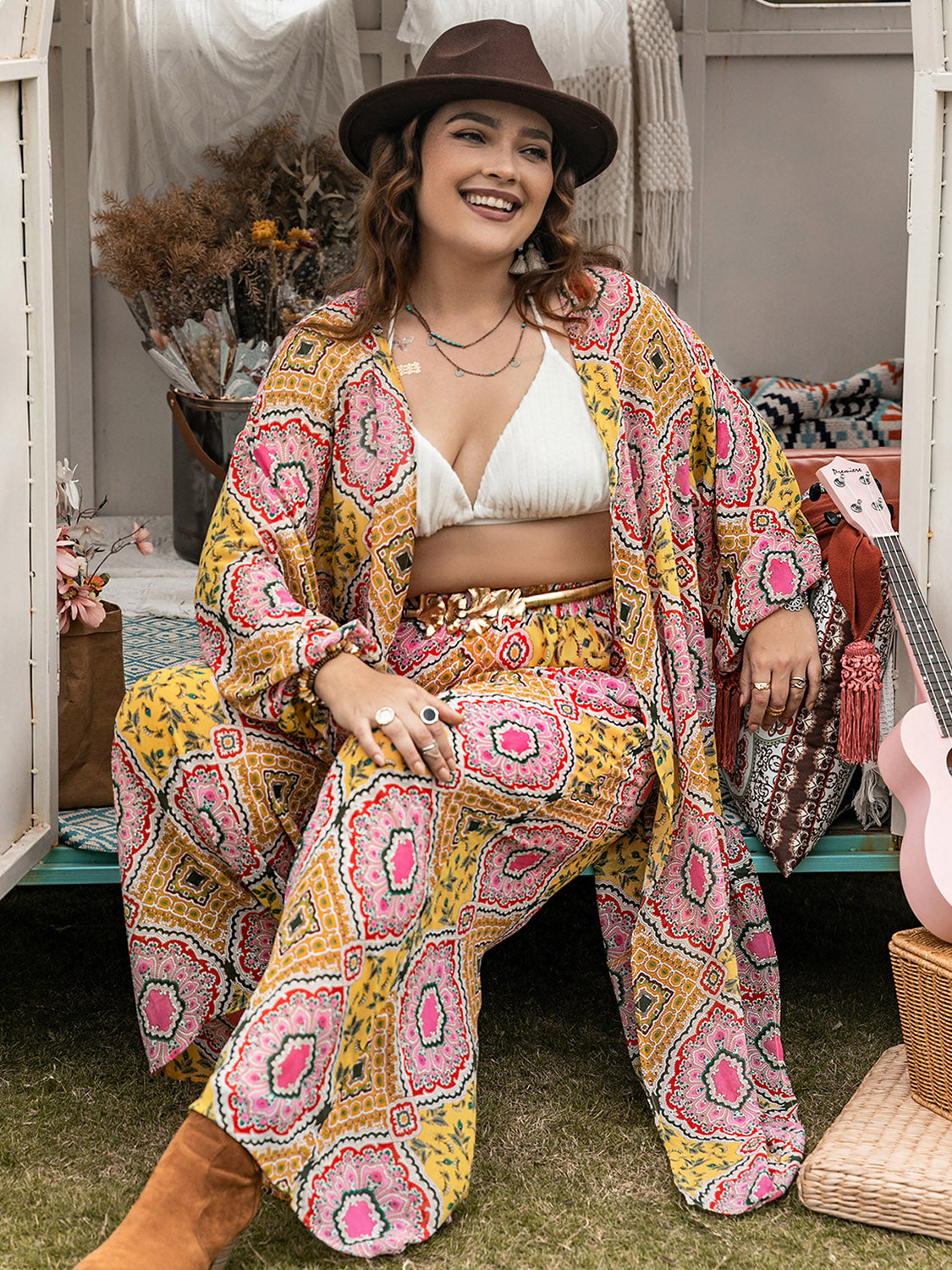 Chic Plus Size Printed Open Front Cover-Up & Pants Set – Effortless Style for Every Occasion