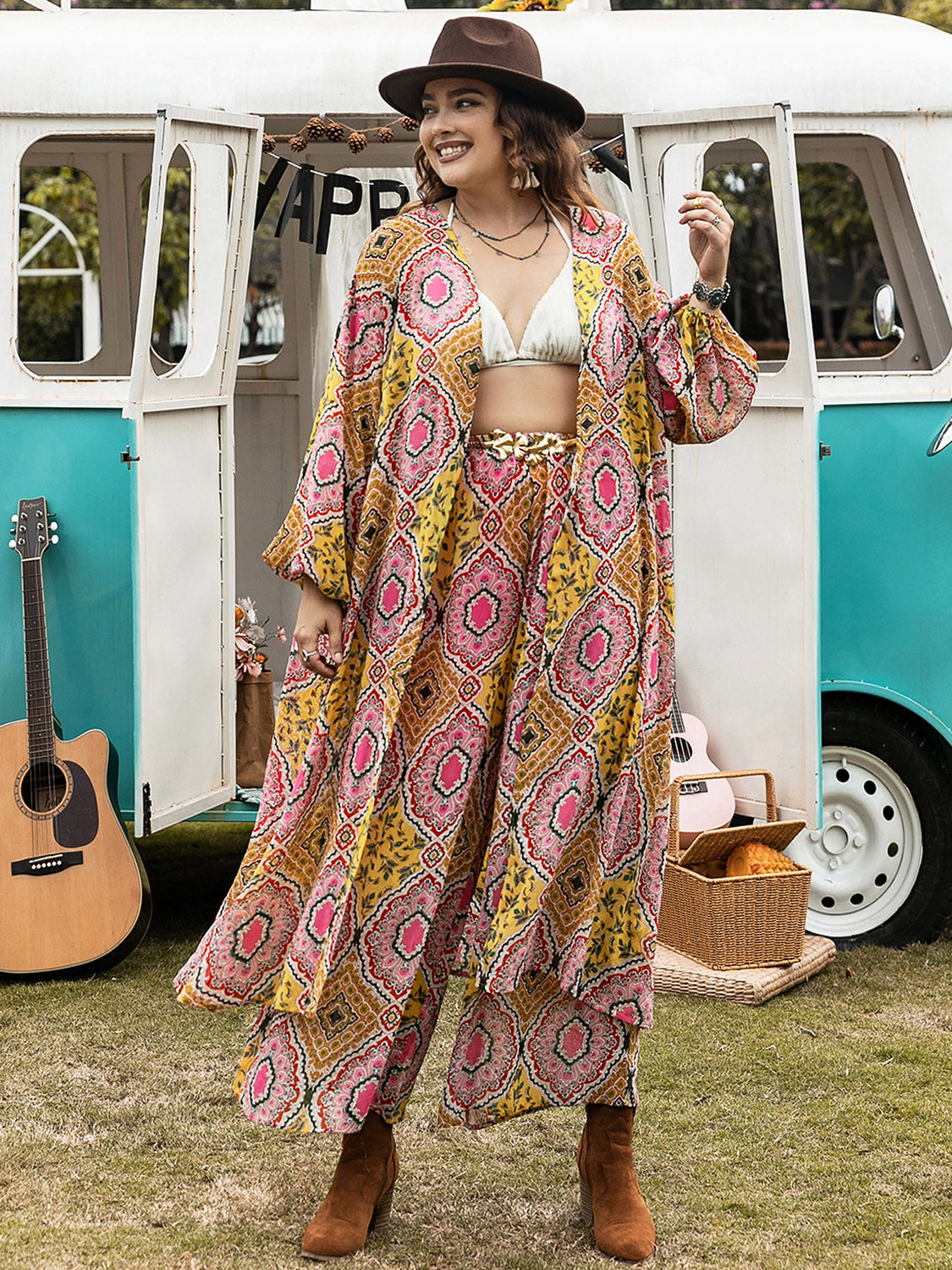 Chic Plus Size Printed Open Front Cover-Up & Pants Set – Effortless Style for Every Occasion