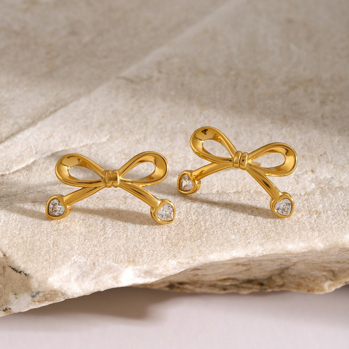 Elegant Stainless Steel Bow Earrings with Zircon Inlay