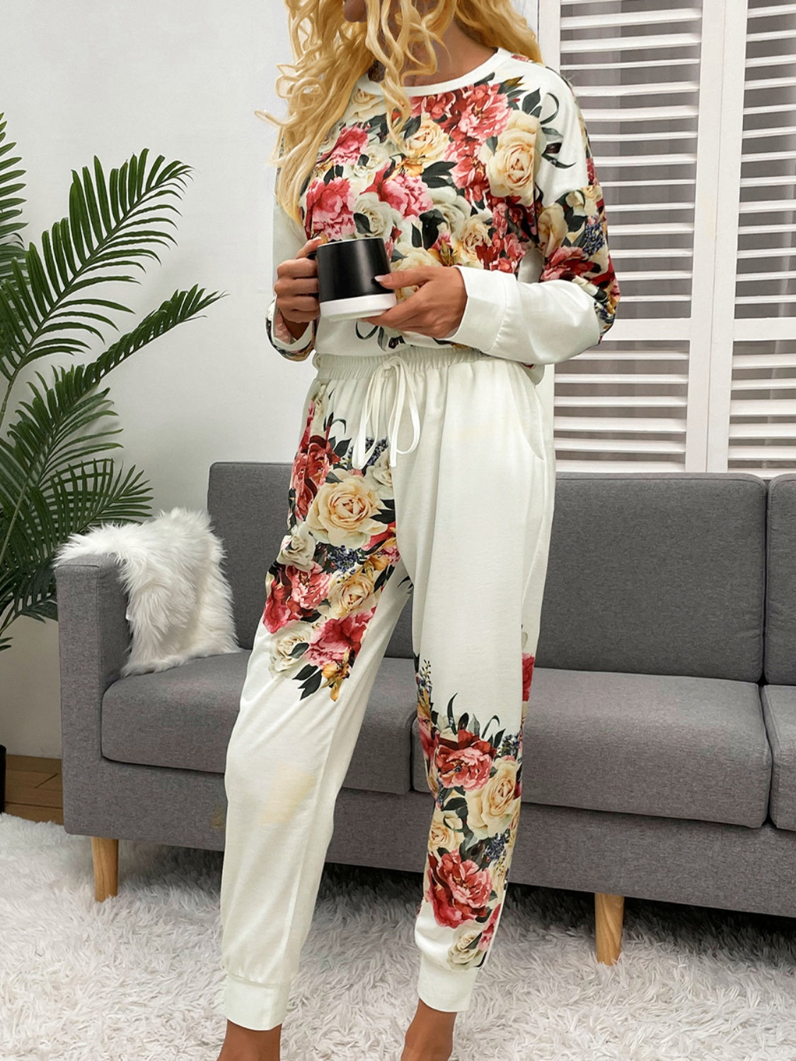 Shiny Printed Round Neck Top and Pants Lounge Set