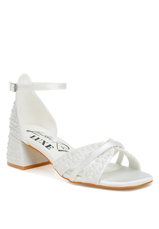 Pearl Embellished Low-Block Heel Sandals – Elegant Satin Bridal Shoes