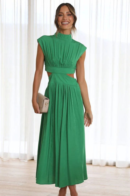 Cutout Mock Neck Sleeveless Ruched Dress – Chic & Stylish