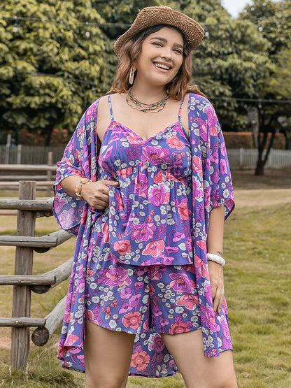 Chic Plus Size Printed Cami & Open Front Cover-Up Set with Stylish Shorts