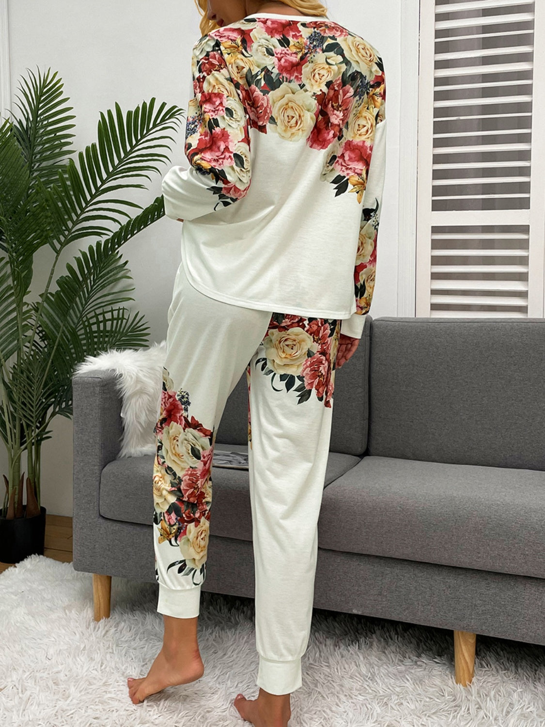 Shiny Printed Round Neck Top and Pants Lounge Set