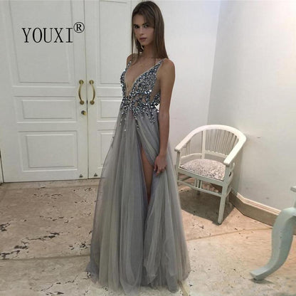 Beaded High-Slit V-Neck Tulle Evening Gown – A-Line, Backless, Sweep Train