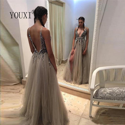 Beaded High-Slit V-Neck Tulle Evening Gown – A-Line, Backless, Sweep Train