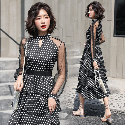 long-sleeved polka dot dress