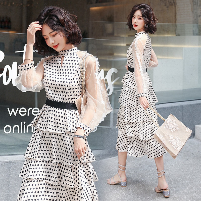 long-sleeved polka dot dress