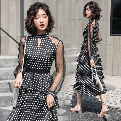 long-sleeved polka dot dress