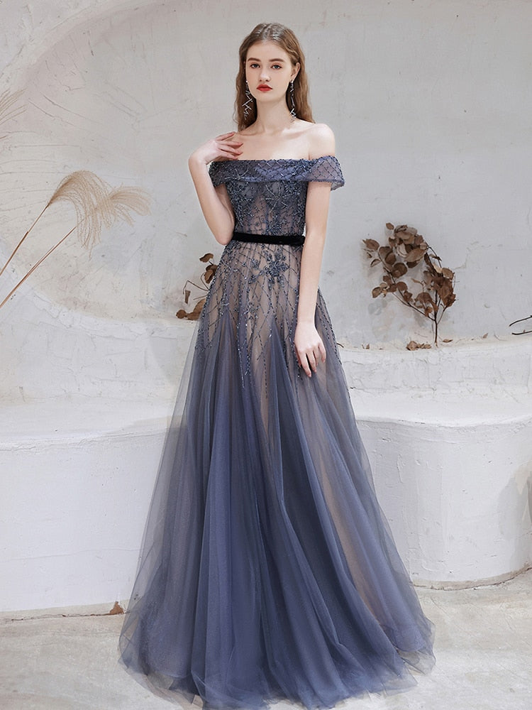 Dark Blue Off-Shoulder Beaded Evening Dress – Luxury Formal Prom Gown