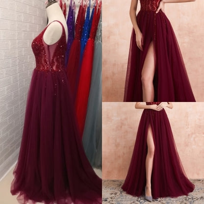 Beaded High-Slit V-Neck Tulle Evening Gown – A-Line, Backless, Sweep Train