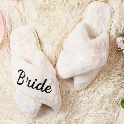 Bride, Bridesmaid, & Maid of Honor Fuzzy Slippers – Cozy Wedding Party Gift