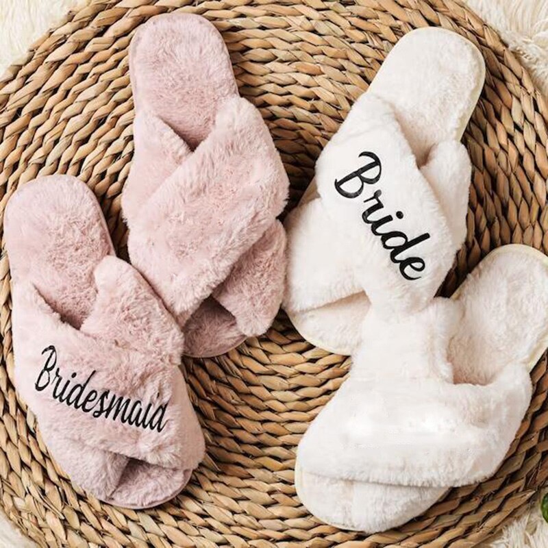 Bride, Bridesmaid, & Maid of Honor Fuzzy Slippers – Cozy Wedding Party Gift