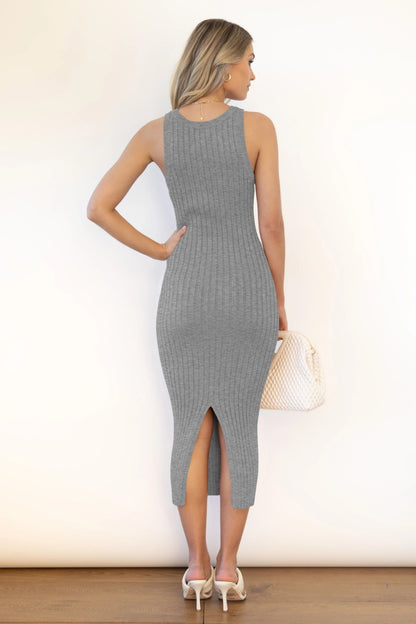 Selena Slit Ribbed Round Neck Sleeveless Dress