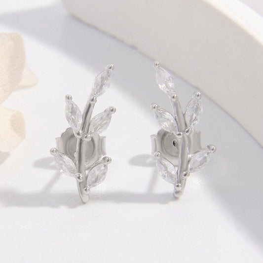 Sterling Silver Zircon Leaf Shape Earrings