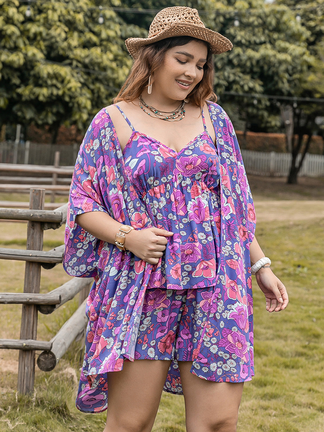 Chic Plus Size Printed Cami & Open Front Cover-Up Set with Stylish Shorts