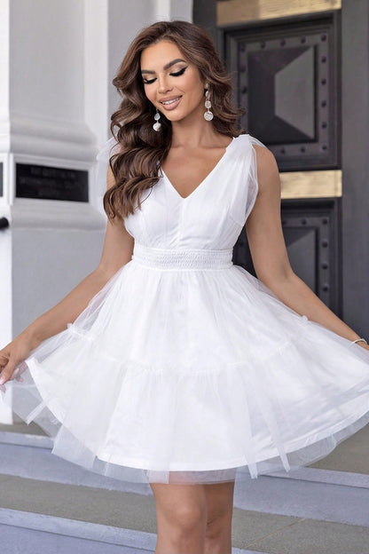 V-Neck Tulle Dress with Shoulder Detail