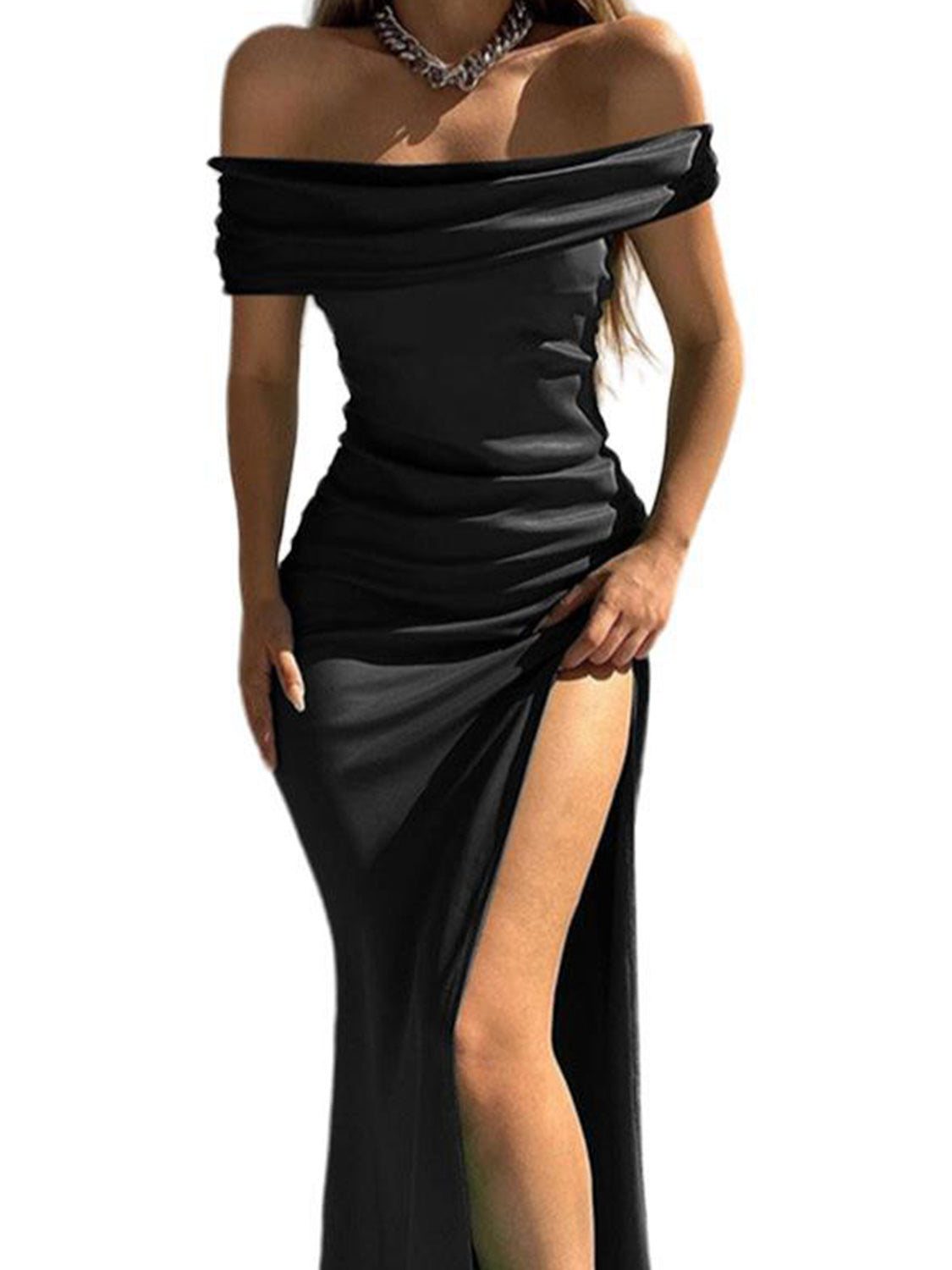 Nina Split Ruched Off-Shoulder Dress