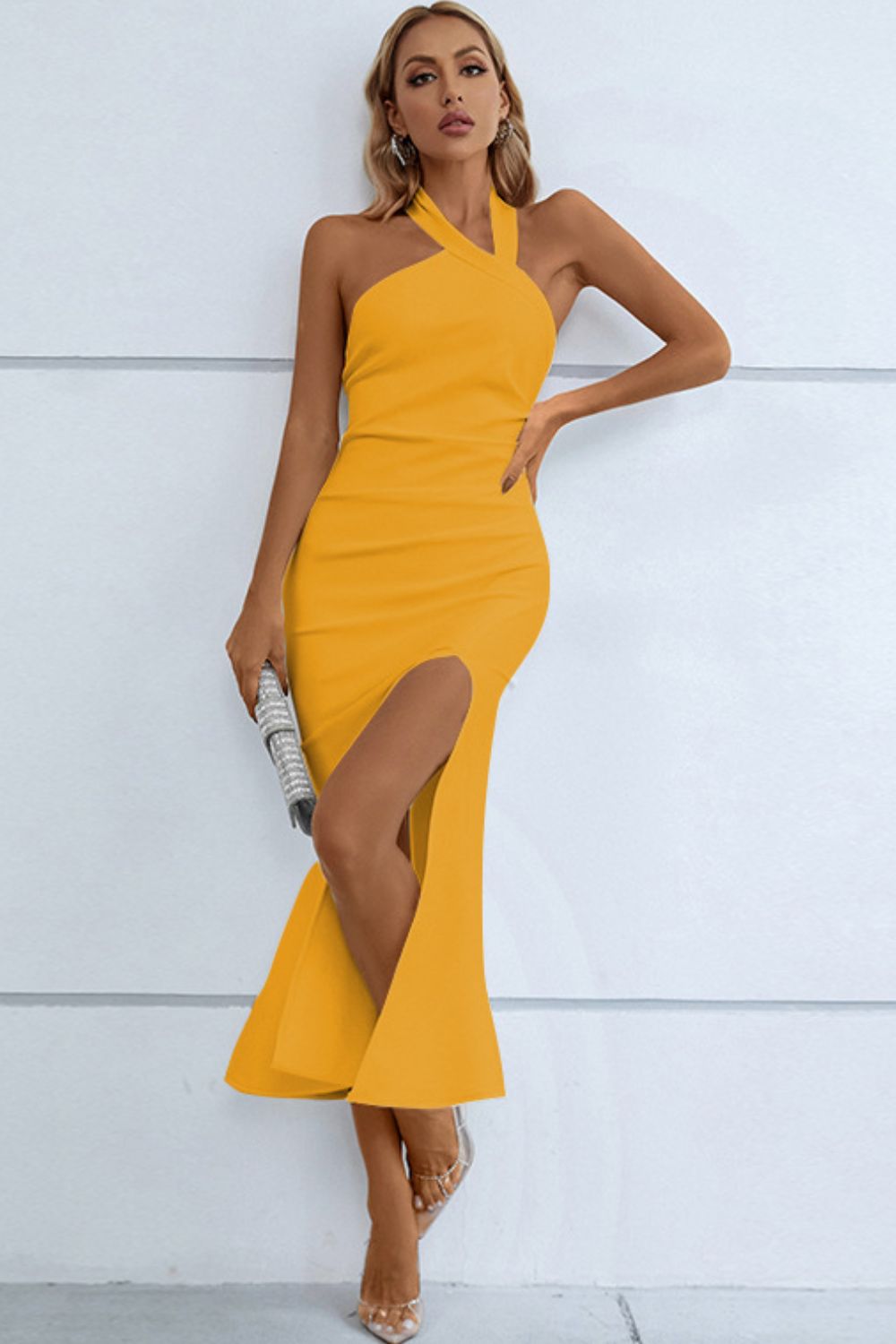 Halter Neck Split Fishtail Bodycon Dress – Perfect for Wedding Reception Dress Change