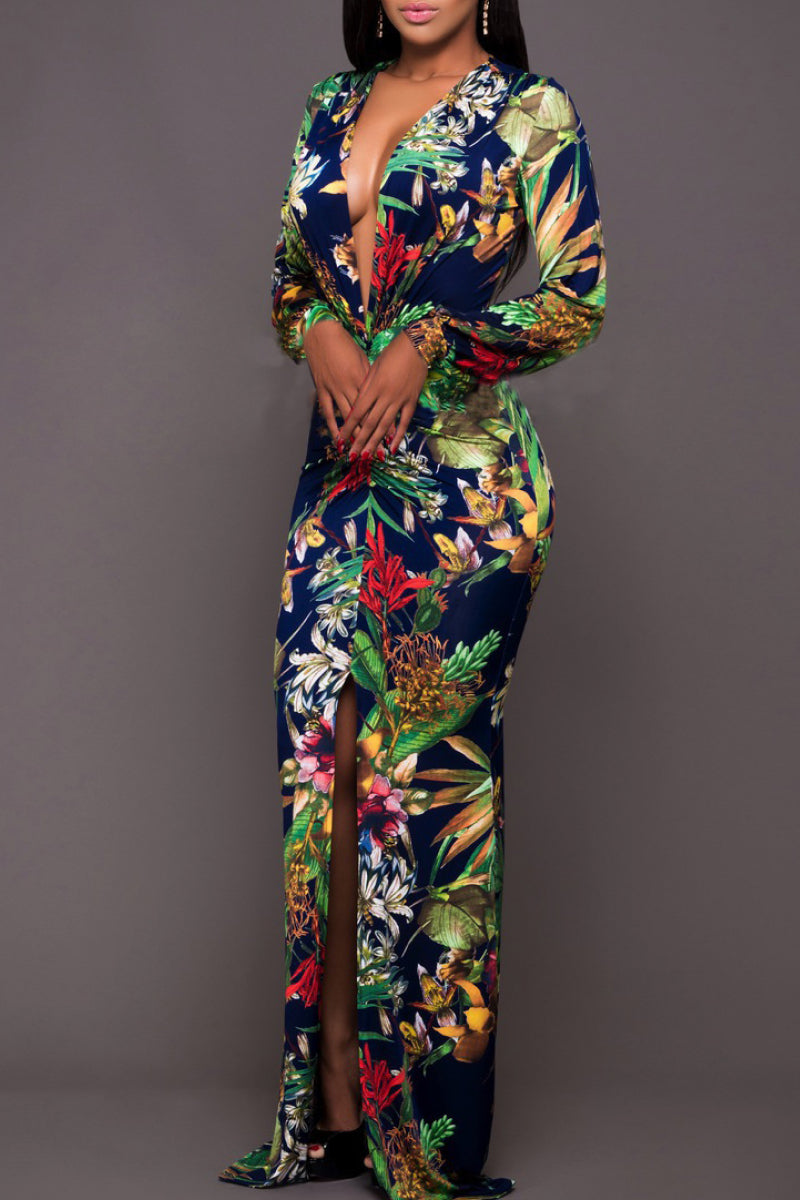 Floral Printed Plunge Neck Leg Split Maxi Dress – Effortless Elegance