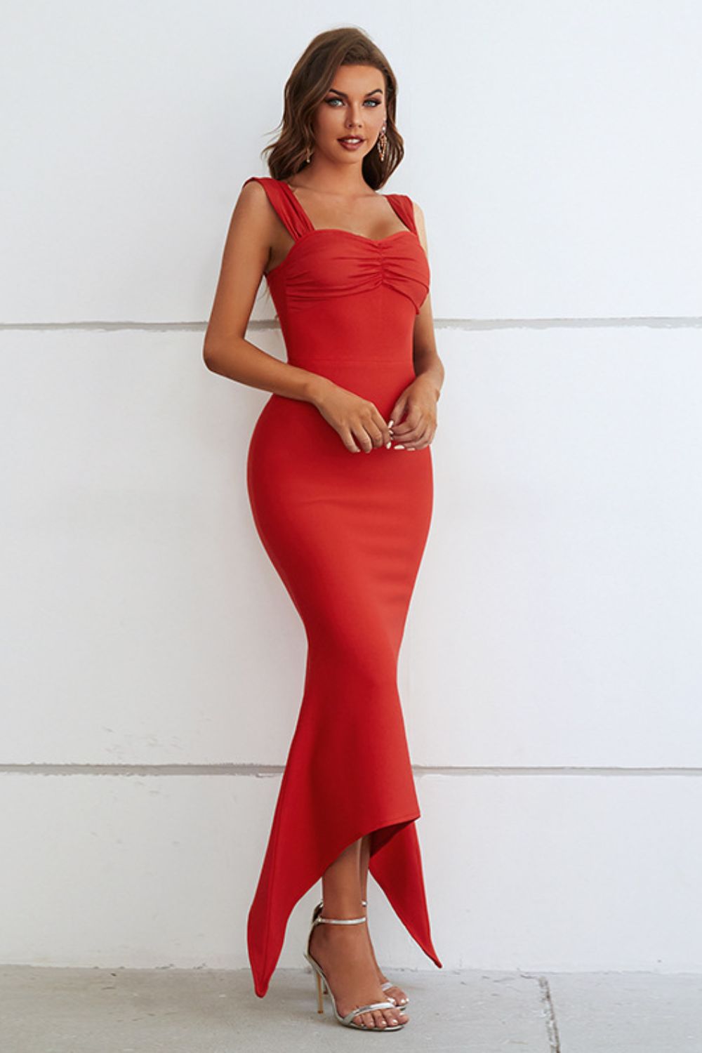 Ruched Sweetheart Neck Asymmetrical Hem Detail Dress