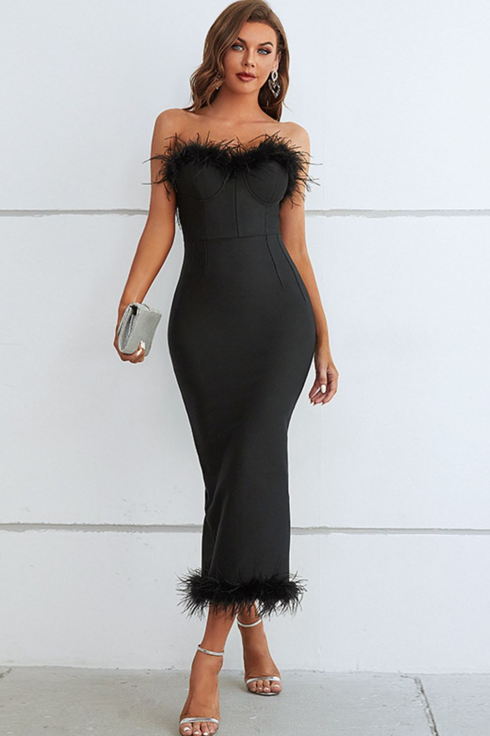 Feather Trim Strapless Sweetheart Neck Dress – Classy & Elegant Midi Dress