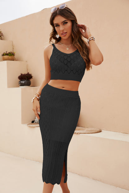 Openwork Cropped Tank and Split Skirt Set – Chic Two-Piece Ensemble