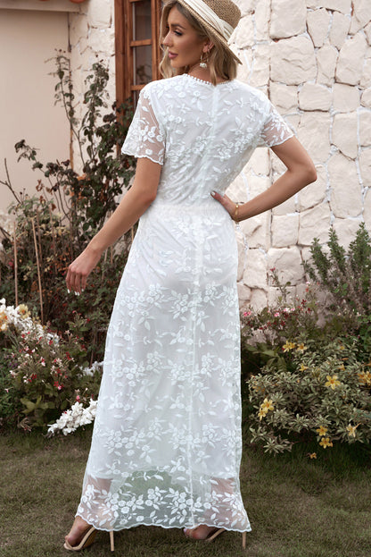 Embroidered Short Sleeve Surplice Neck Maxi Dress – Chic & Elegant